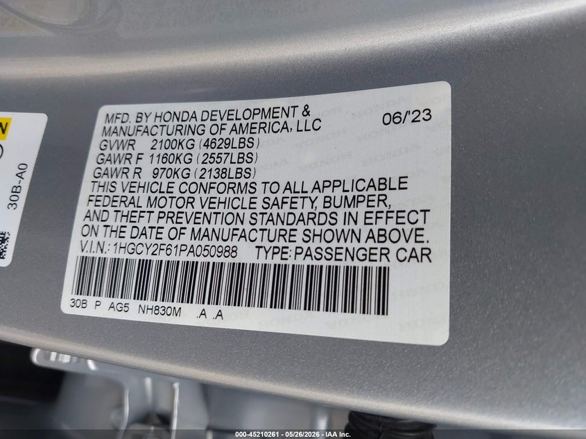HONDA ACCORD HYBRID 2023 VIN 1HGCY2F61PA050988