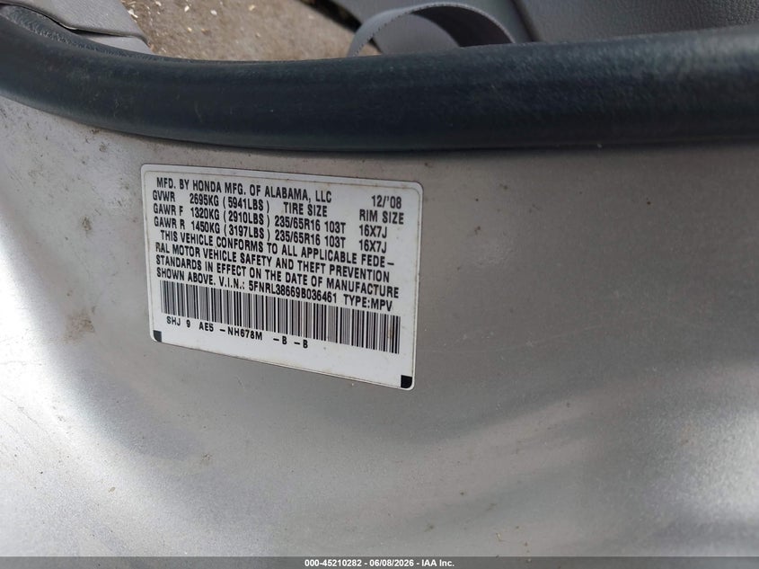 2009 Honda Odyssey Ex-L VIN: 5FNRL38669B036461 Lot: 45210282