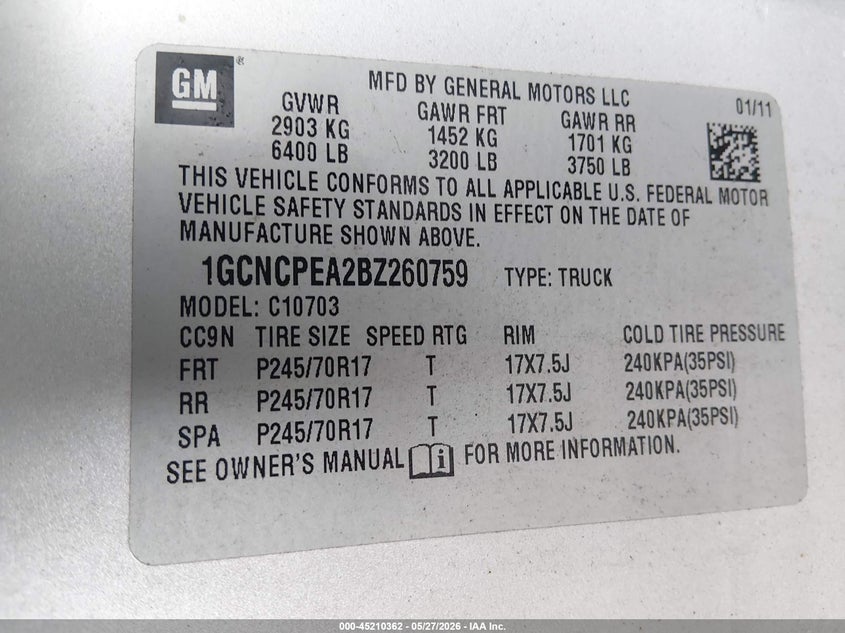 2011 CHEVROLET SILVERADO TRUCK 4.8L V-8 VVT, 302HP