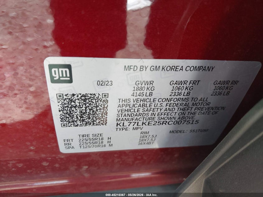 2024 Chevrolet Trax Fwd Activ VIN: KL77LKE25RC007515 Lot: 45210367
