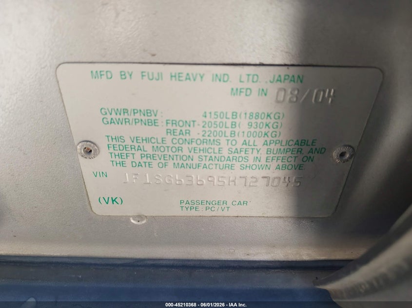 2005 Subaru Forester 2.5X VIN: JF1SG63695H727045 Lot: 45210368