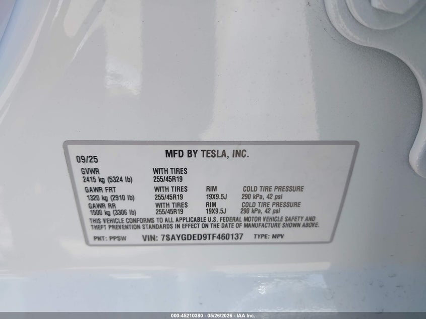 2026 Tesla Model Y VIN: 7SAYGDED9TF460137 Lot: 45210380