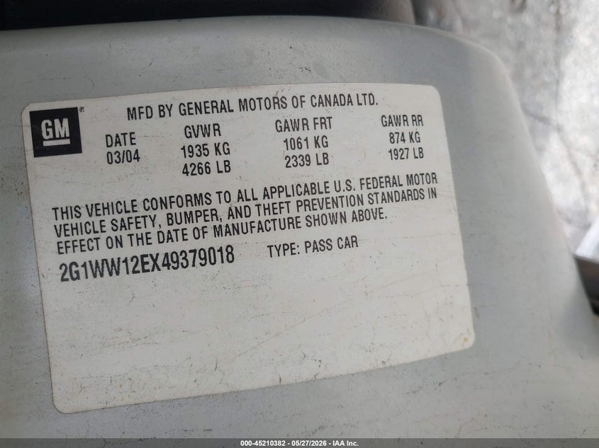 2004 Chevrolet Monte Carlo Ls VIN: 2G1WW12EX49379018 Lot: 45210382