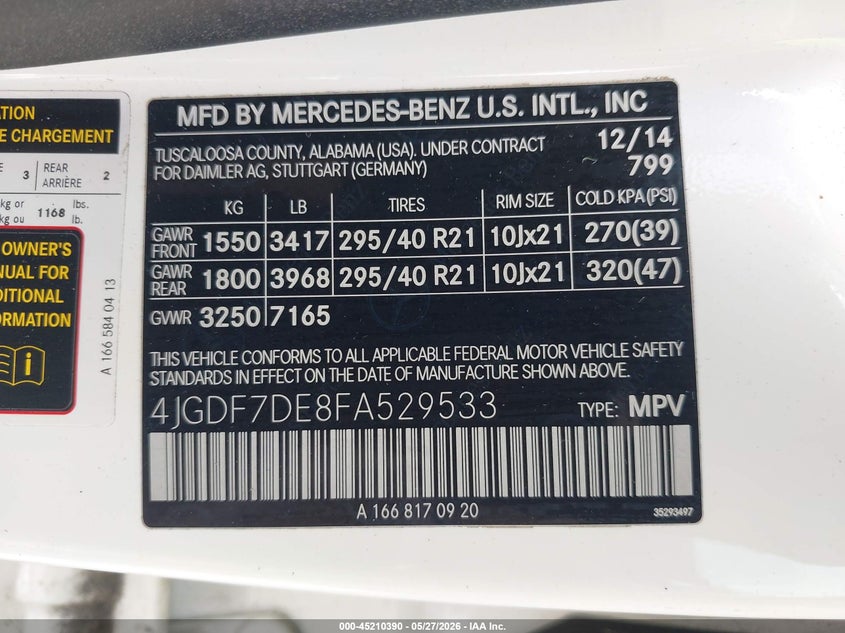 2015 Mercedes-Benz Gl 550 4Matic VIN: 4JGDF7DE8FA529533 Lot: 45210390