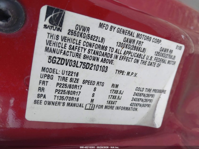 2005 Saturn Relay Fwd VIN: 5GZDV03L75D210103 Lot: 45210393