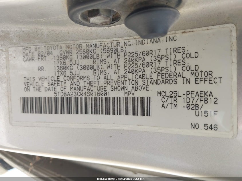2004 Toyota Sienna Le VIN: 5TDBA23C04S016001 Lot: 45210396