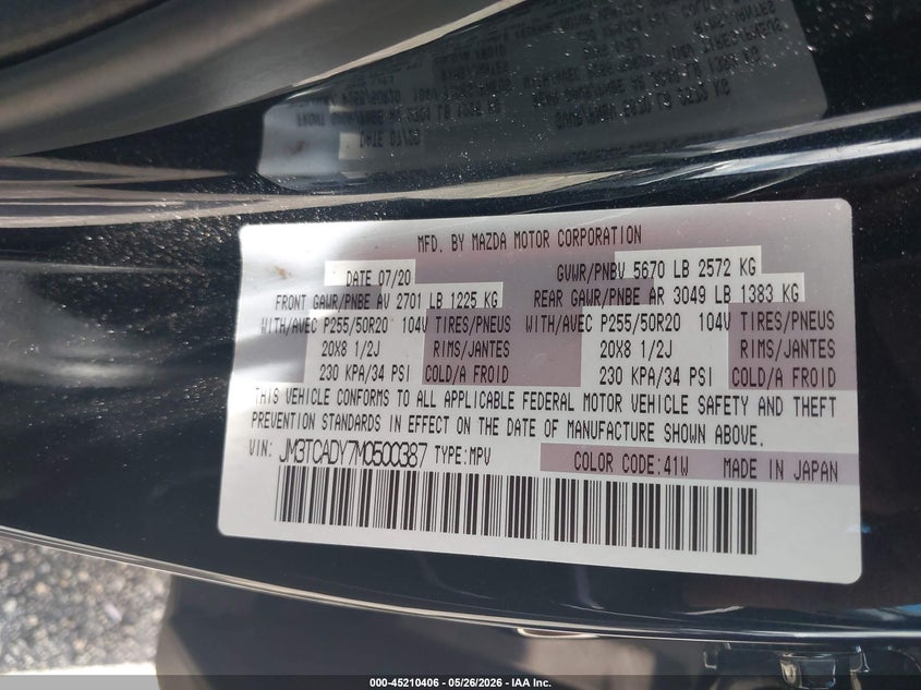 2021 Mazda Cx-9 Grand Touring VIN: JM3TCADY7M0500387 Lot: 45210406