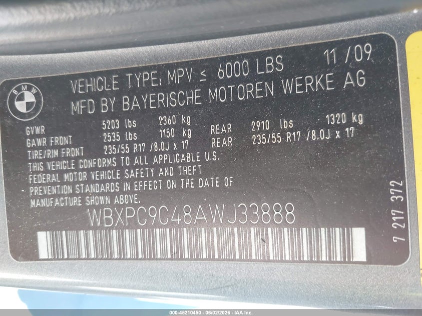 2010 BMW X3 xDrive30I VIN: WBXPC9C48AWJ33888 Lot: 45210450