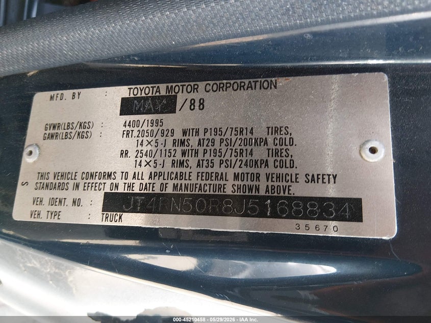 1988 Toyota Pickup 1/2 Ton Rn50 VIN: JT4RN50R8J5168834 Lot: 45210458