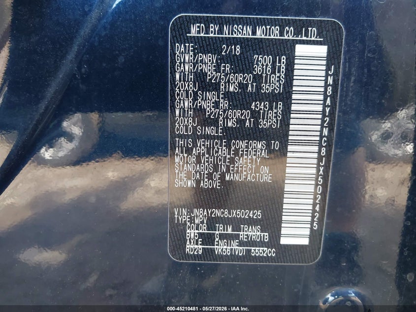 2018 Nissan Armada Sl VIN: JN8AY2NC8JX502425 Lot: 45210481