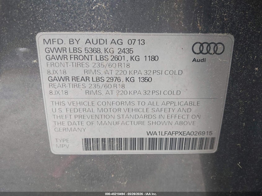 2014 Audi Q5 2.0T Premium VIN: WA1LFAFPXEA026915 Lot: 45210494
