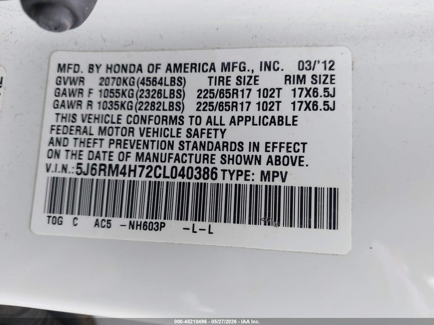 2012 Honda Cr-v 2.4 Cr-V Ex-L white Lot 111045210496 Vin 5J6RM4H72CL040386