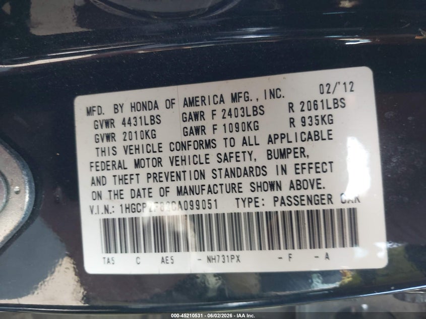2012 Honda Accord 2.4 2.4 Ex-L black Lot 111045210531 Vin 1HGCP2F82CA099051