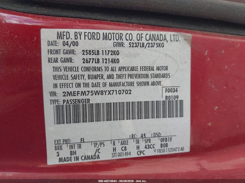 2000 Mercury Grand Marquis Ls VIN: 2MEFM75W8YX710702 Lot: 45210543