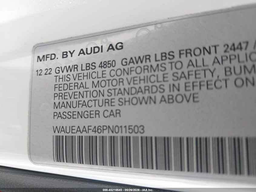 2023 Audi A4 Premium Plus 45 Tfsi S Line Quattro S Tronic VIN: WAUEAAF46PN011503 Lot: 45210545