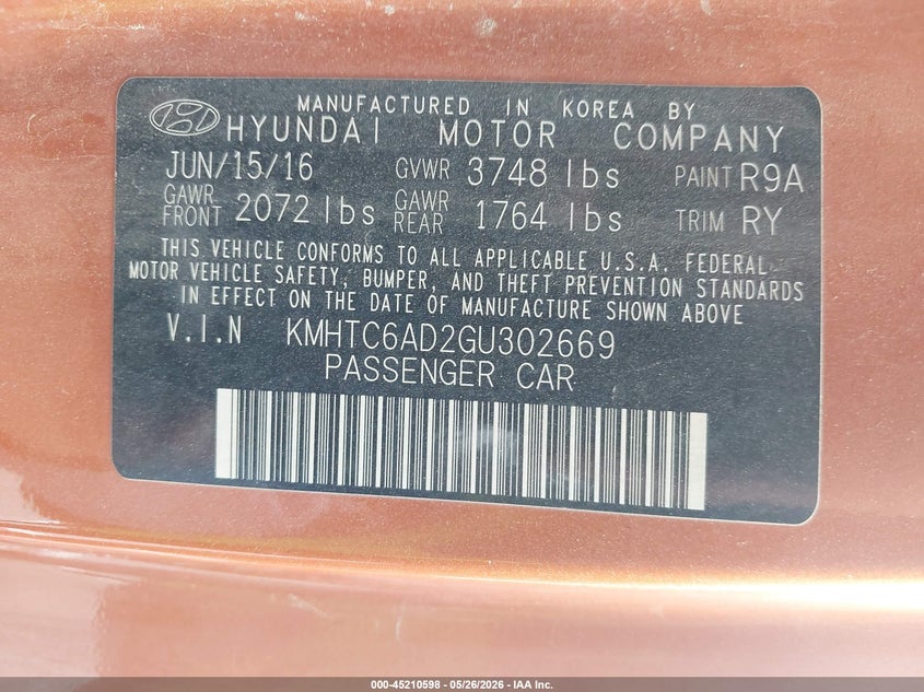 2016 Hyundai Veloster VIN: KMHTC6AD2GU302669 Lot: 45210598