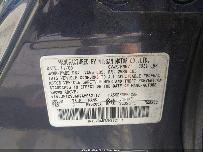 2010 Infiniti M35X VIN: JN1CY0AR7AM962117 Lot: 45210600