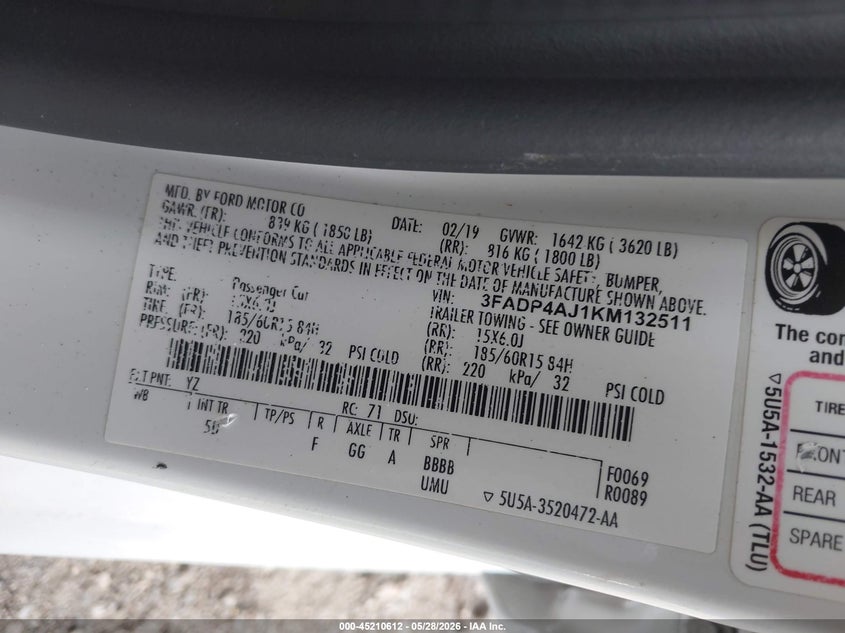 2019 Ford Fiesta S VIN: 3FADP4AJ1KM132511 Lot: 45210612