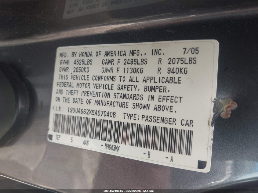2005 Acura Tl VIN: 19UUA662X5A070408 Lot: 45210615