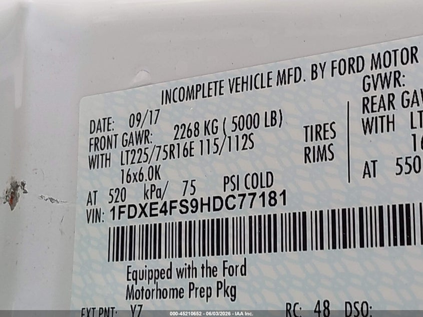 2017 Ford E-450 Cutaway VIN: 1FDXE4FS9HDC77181 Lot: 45210652