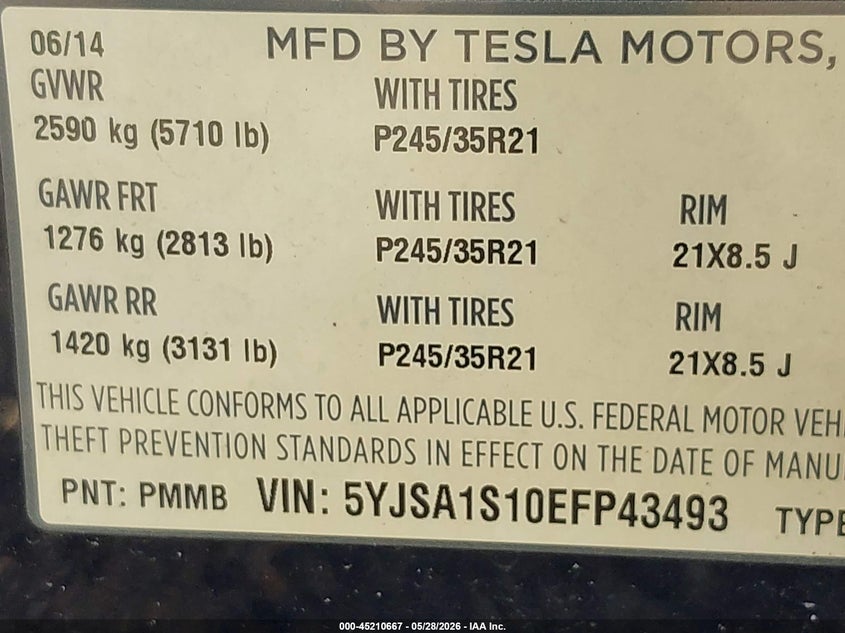 2014 Tesla Model S VIN: 5YJSA1S10EFP43493 Lot: 45210667