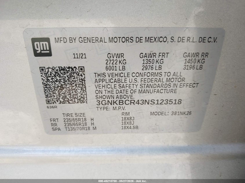 2022 Chevrolet Blazer Fwd 2Lt VIN: 3GNKBCR43NS123518 Lot: 45210708