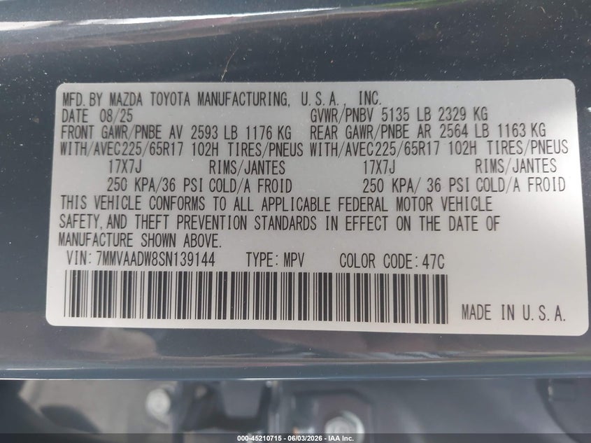 2025 Mazda Cx-50 Hybrid Premium Package VIN: 7MMVAADW8SN139144 Lot: 45210715