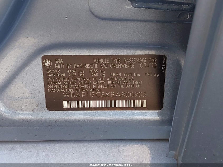 2011 BMW 328I VIN: WBAPH7C5XBA800905 Lot: 45210790