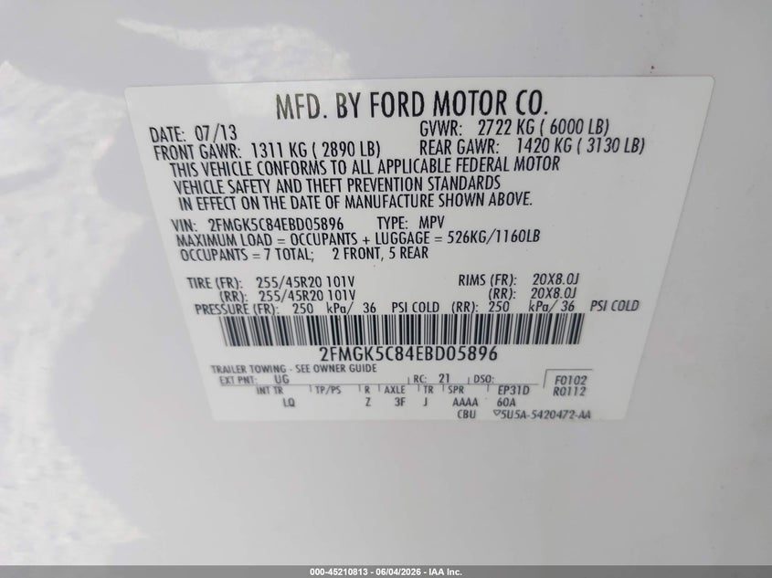 2014 Ford Flex Sel VIN: 2FMGK5C84EBD05896 Lot: 45210813