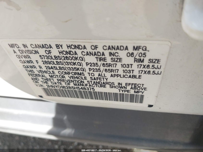 2005 Acura Mdx VIN: 2HNYD18285H548375 Lot: 45210817