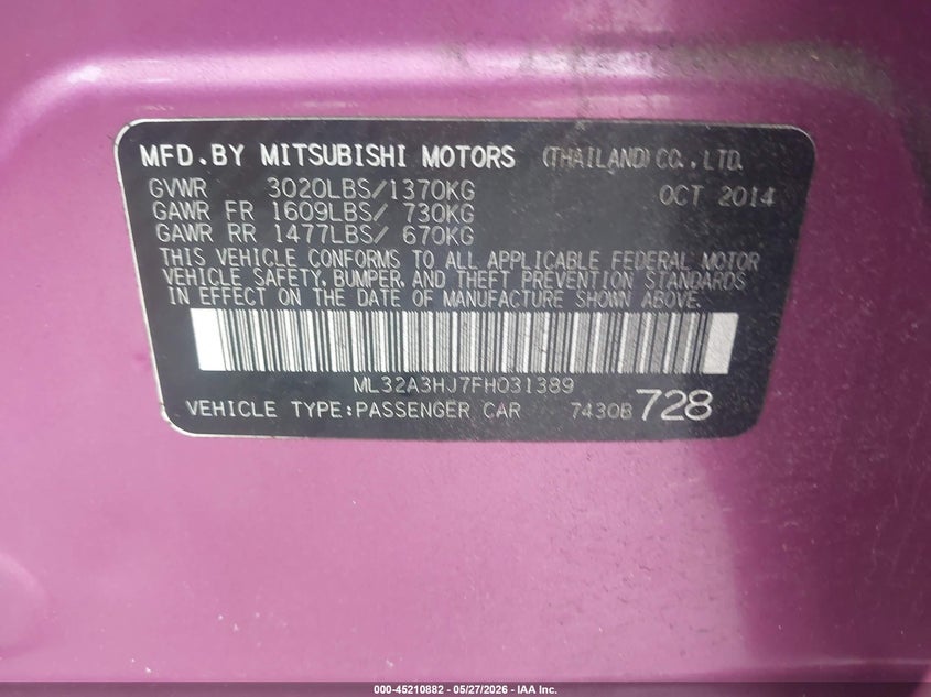 2015 Mitsubishi Mirage De VIN: ML32A3HJ7FH031389 Lot: 45210882