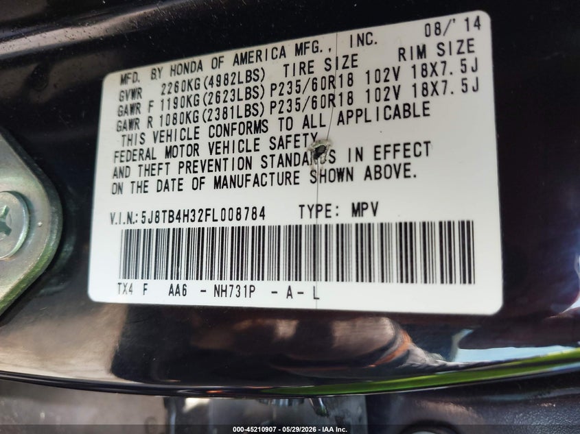 2015 Acura Rdx VIN: 5J8TB4H32FL008784 Lot: 45210907
