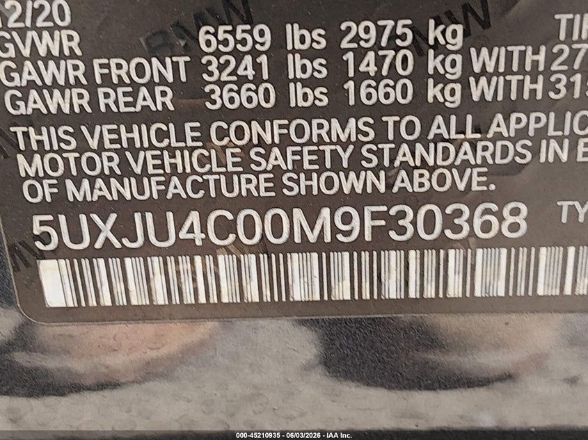 2021 BMW X5 M50I VIN: 5UXJU4C00M9F30368 Lot: 45210935
