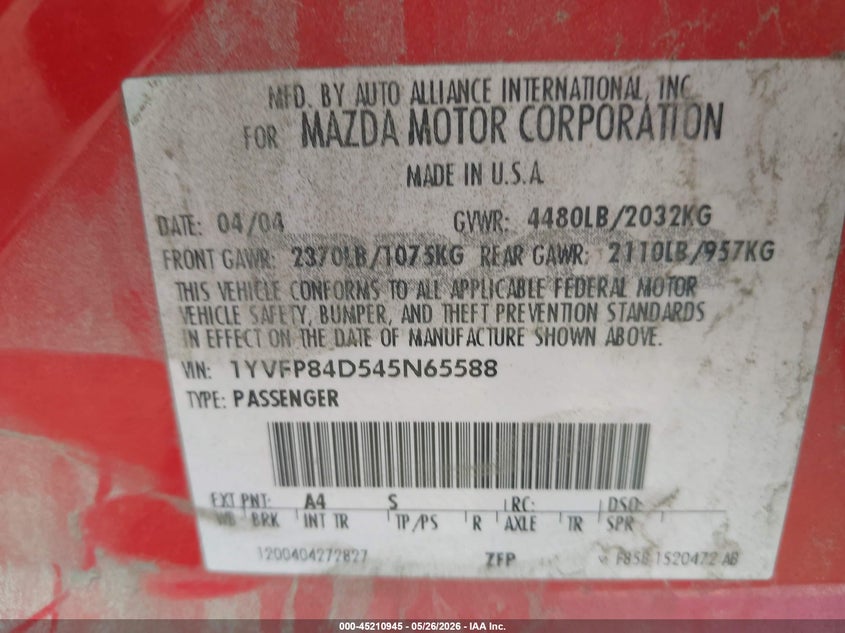 2004 Mazda Mazda6 S VIN: 1YVFP84D545N65588 Lot: 45210945