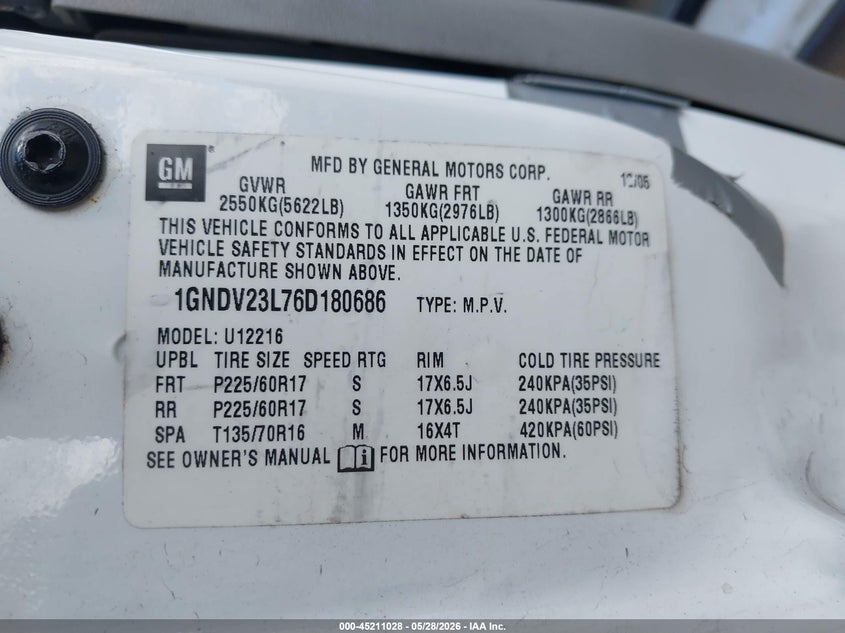 2006 Chevrolet Uplander Ls VIN: 1GNDV23L76D180686 Lot: 45211028