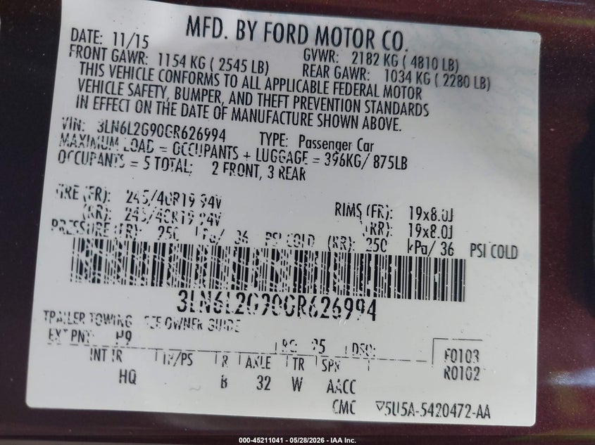 2016 Lincoln Mkz VIN: 3LN6L2G90GR626994 Lot: 45211041