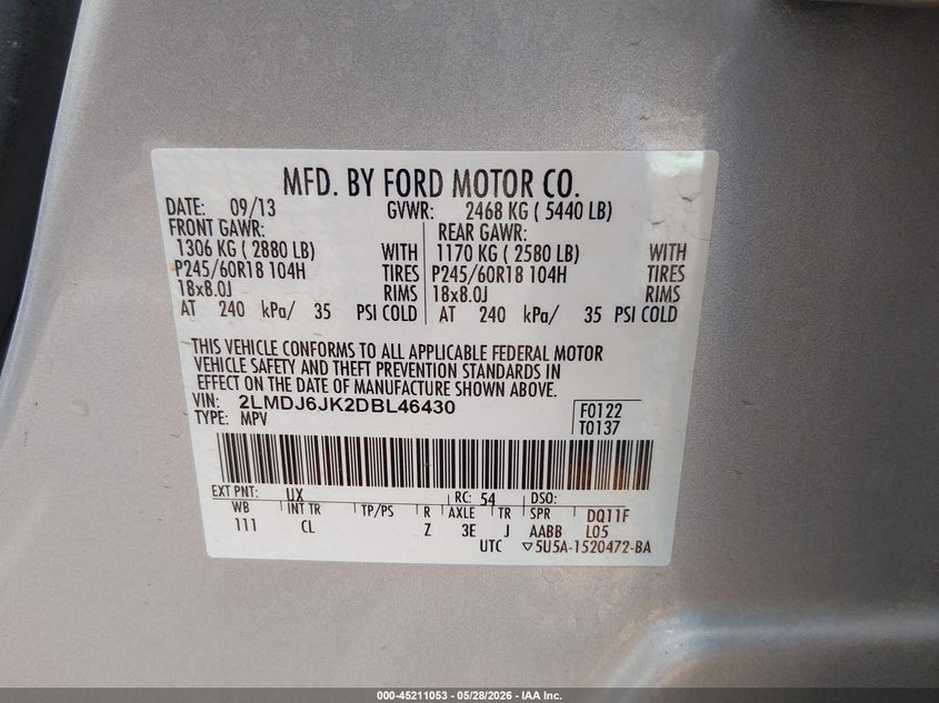 2013 Lincoln Mkx VIN: 2LMDJ6JK2DBL46430 Lot: 45211053