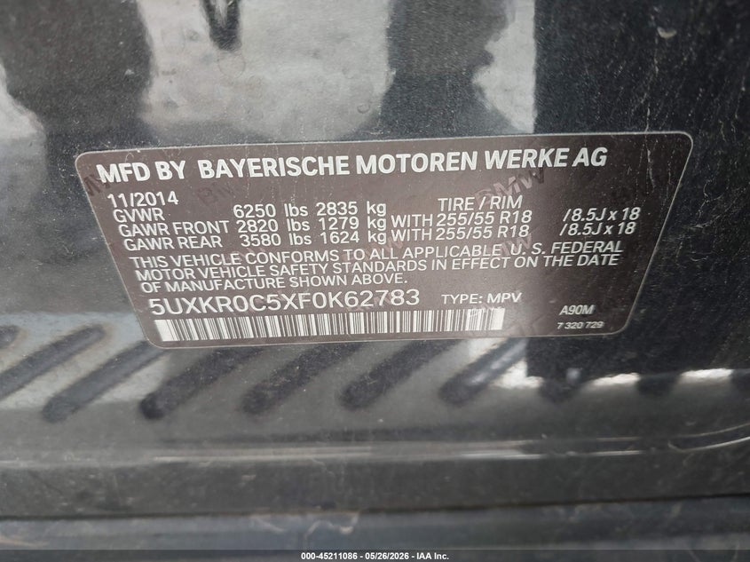 2015 BMW X5 xDrive35I VIN: 5UXKR0C5XF0K62783 Lot: 45211086