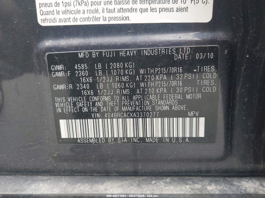 2010 SUBARU OUTBACK SPORT UTILITY VEHICLE 2.5L H-4 VVT, 170HP