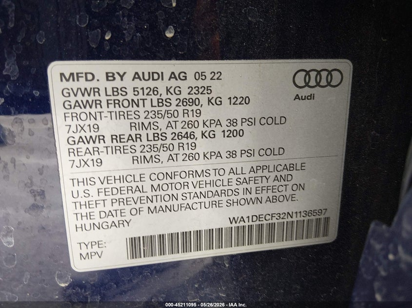 2022 Audi Q3 Premium 45 Tfsi S Line Quattro Tiptronic VIN: WA1DECF32N1136597 Lot: 45211095