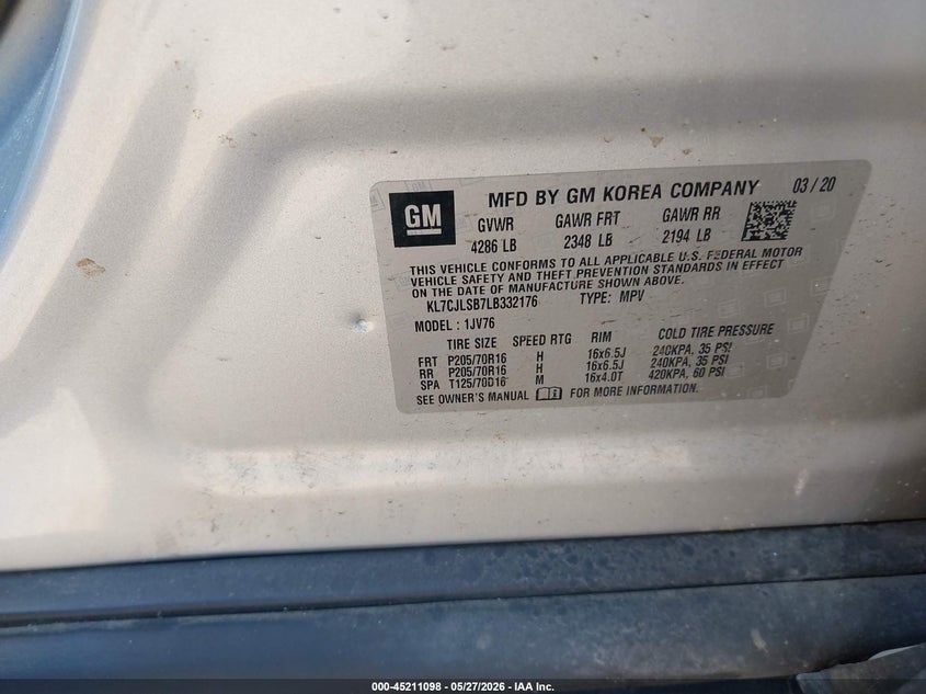 VIN KL7CJLSB7LB332176 2020 CHEVROLET TRAX FWD LT
