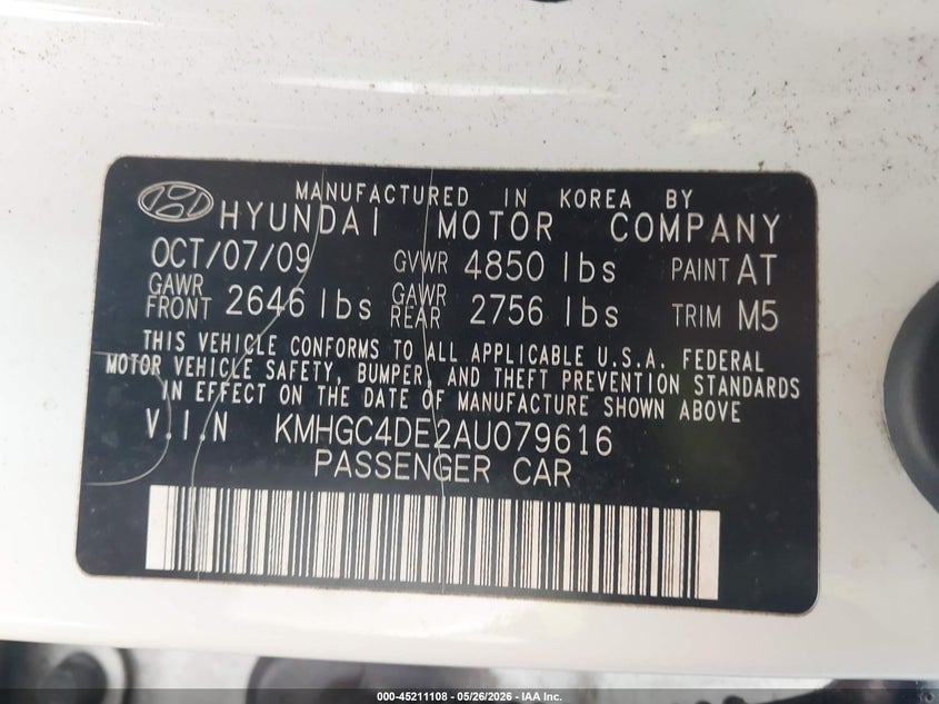 2010 Hyundai Genesis 3.8 VIN: KMHGC4DE2AU079616 Lot: 45211108
