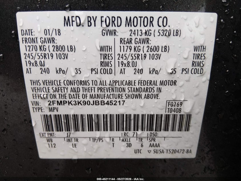 VIN 2FMPK3K90JBB45217 2018 FORD EDGE TITANIUM