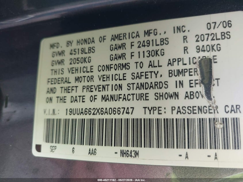 2006 Acura Tl VIN: 19UUA662X6A066747 Lot: 45211162