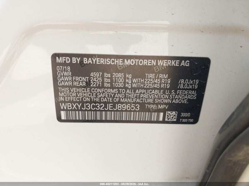 2018 BMW X2 Sdrive28I VIN: WBXYJ3C32JEJ89653 Lot: 45211203