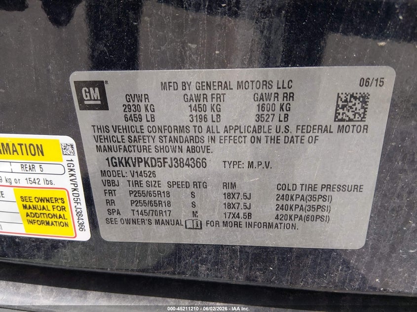 2015 GMC Acadia Sle-2 VIN: 1GKKVPKD5FJ384366 Lot: 45211210