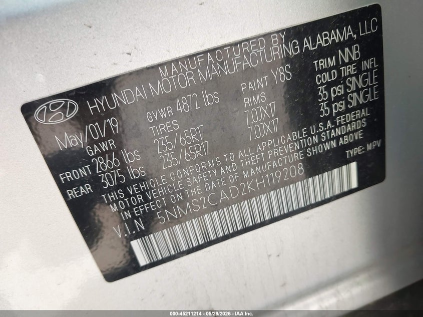 VIN 5NMS2CAD2KH119208 2019 HYUNDAI SANTA FE SE