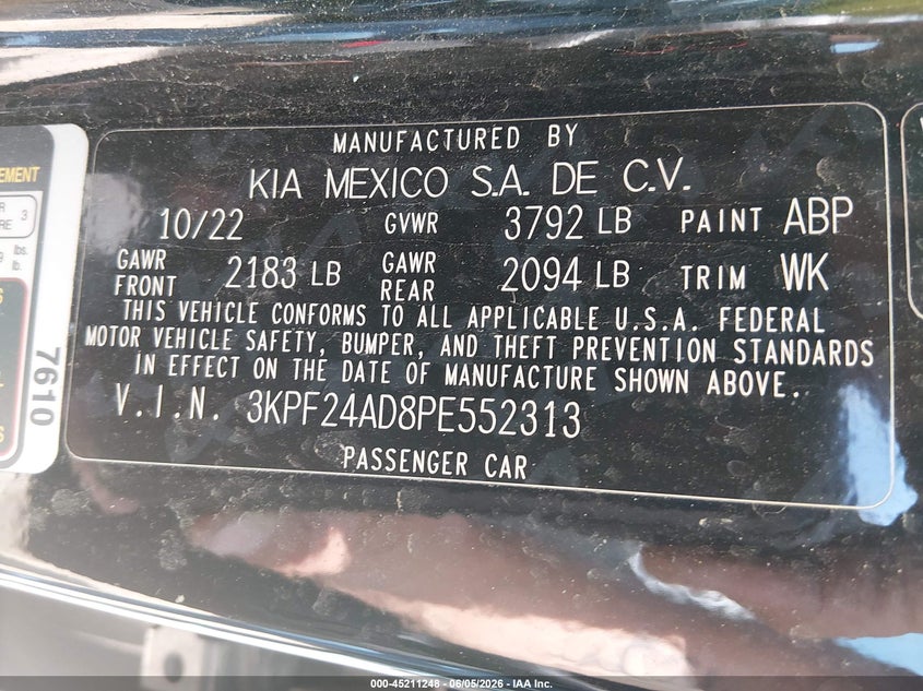2023 KIA FORTE 2.0L I-4 DOHC, VVT, (VIN: 3KPF24AD8PE552313