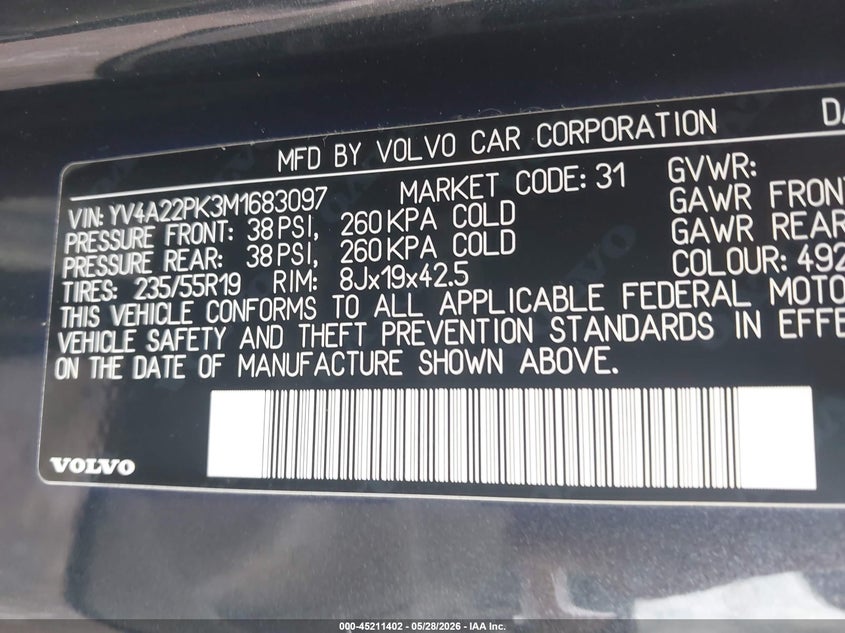 2021 Volvo Xc90 T6 Momentum 7 Passenger VIN: YV4A22PK3M1683097 Lot: 45211402