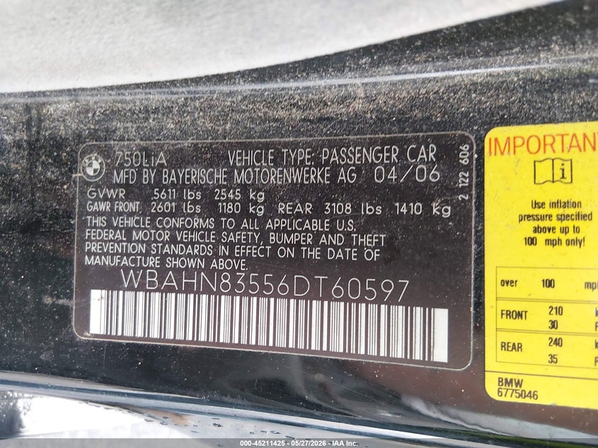 2006 BMW 750Li VIN: WBAHN83556DT60597 Lot: 45211425